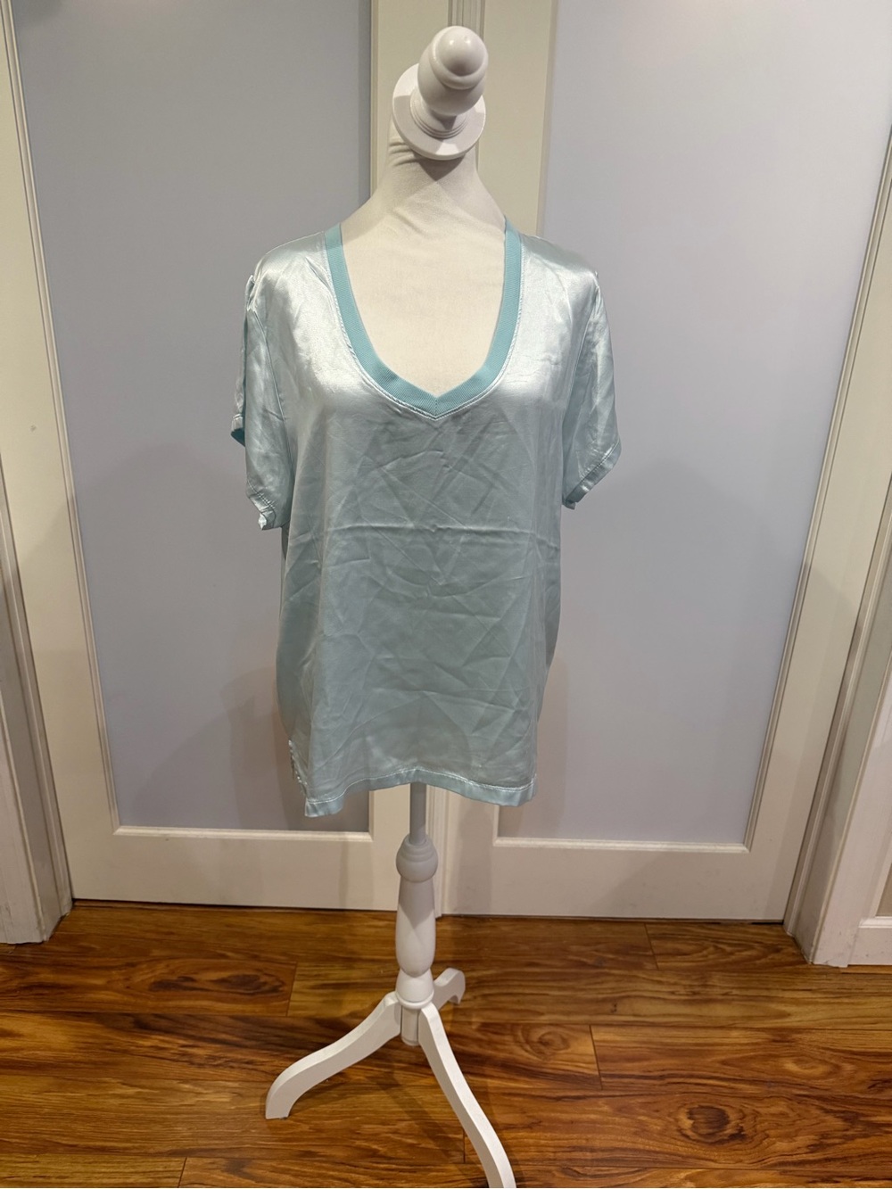 Harlow Light Blue Satin V-Neck Short Sleeve Top